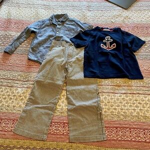 Janie & Jack BUNDLE: Striped Pants with Blue Anchor Shirt and Button-Up